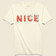 Nice Tee - Vintage White Retro Slogan Tops, Vintage Short Sleeve T-shirt With Lettering, Retro Crew Neck T-shirt With Lettering, Vintage Crew Neck T-shirt With Text Print, Nostalgic Cotton Tops With Letter Print, Vintage White T-shirt With Letter Print, Vintage Crew Neck Tops With Lettering, Retro Relaxed Fit Slogan Top, Retro Crew Neck Top With Graphic Design