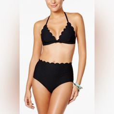 Kate Spade New York Black Scalloped Triangle Cup Bikini Top & Scalloped High-Waist Bikini Bottom Set. A Simple And Pretty Kate Spade New York Triangle Bikini Set Detailed With Scalloped Edges. Color Is Black. Top Size Is Large. Bottom Size Is Medium. High-Rise Kate Spade New York Bikini Top And Bottoms, Styled With A Scalloped Waistband. Lined. Shell: 84% Nylon, 16% Spandex. Lining: 92% Polyester, 8% Spandex. Kate Spade Summer Beach Swimwear, Kate Spade Summer Swimwear For Pool, Kate Spade Summer Swimwear For Beach Season, Kate Spade Swimwear For Summer Beach, Kate Spade Swimwear For Beach Season, Kate Spade Swimwear For Summer Vacation, Kate Spade Fitted Swimwear For Summer, Kate Spade Swimwear For Summer Pool, Kate Spade Swimwear For Summer Pool Season