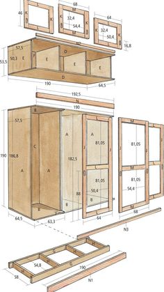 the plans for an entertainment center include cabinets, drawers and shelves with measurements to make it easy