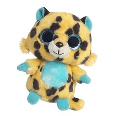 a yellow and black stuffed animal with big eyes