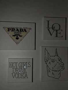 four framed pictures with different types of logos on them, all in black and white