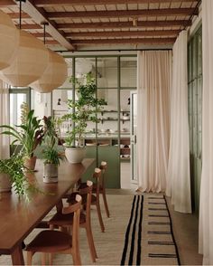 a dining room table and chairs with plants in the center, along with curtains hanging from the ceiling