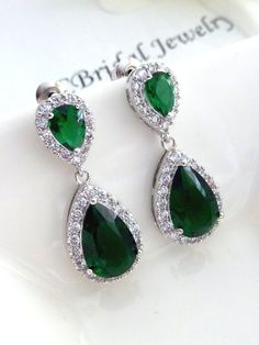 Bridal Earring - Emerald Green Small Peardrop Cubic Zirconia with Matching Emerald Green Peardrop Po Groomsmaid Dresses, Emerald Green Jewelry, Kelsey Rose, Bridal Earring, Not On The High Street, Crystal Choker Necklace, Crystal Fashion, Diamond Engagement Wedding Ring, Green Jewelry