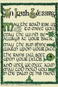 an irish blessing card with the words and symbols in green, white and black ink