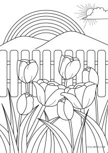 a coloring page with flowers in the foreground and a rainbow in the background on a sunny day