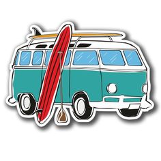 a van with a surfboard on the roof