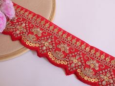 This intricately designed Sari Border Trim is perfect for accentuating your fancy Dupatta, Suits, Lehengas, or Wedding Dress creations. Crafted with precision and passion, this delicate lace boasts a beautiful pale yellow hue, radiating a sense of sophistication and charm. The intricate scallop pattern adorned with shimmering golden sequins adds a luxurious touch, making it a captivating choice for embellishing your special outfits and crafts. Use it in multipurpose projects: ➤Dress border, sare Lehenga Wedding, Dress Trims, Embroidered Lace, Lace Trim, Lehenga, Trim, Bathing Beauties, Lace, Electronic Accessories