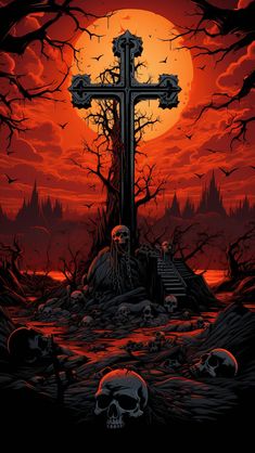 a cross on top of a hill with skulls in the foreground and a full moon behind it