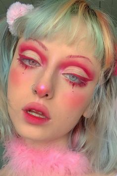 Pink Makeup Looks Alternative, Fun Pink Eye Makeup, Trapeze Artist Makeup, Monochromatic Pink Makeup, Pink Grunge Makeup Looks, Pink Candy Makeup, Pastel Eye Makeup Looks, Pink Demon Makeup, Pink Carnival Makeup