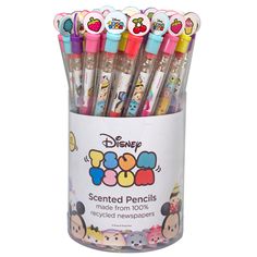 the disney character pens are in a clear container