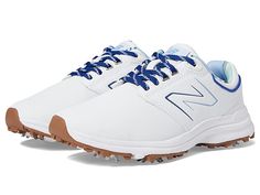 the new balance golf shoe is white with blue laces on the outs and brown soles