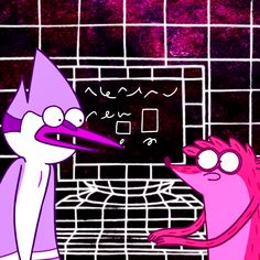 two cartoon characters standing in front of a wall with writing on it and one has his mouth open