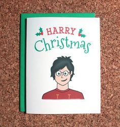 a christmas card with an image of a man wearing glasses and the words harry christmas on it