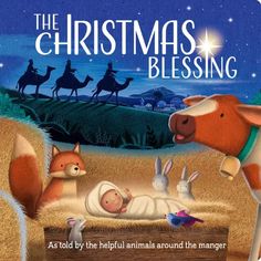 the christmas blessing book with an image of a baby in a manger surrounded by animals