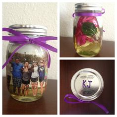 there are three pictures in the jar with purple ribbon around it and one is filled with flowers