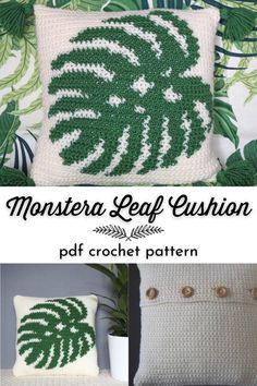 a crocheted pillow with the words monster leaf cushion on it and an image of a