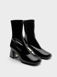 Black Patent Patent Metallic Trapeze Heel Ankle Boots - CHARLES & KEITH US Fall Fashion Shoes, Fall Shoe, Collage Elements, Shoes Boots Ankle, Faux Leather Heels, Fashion Collage, Heel Ankle Boots, Charles Keith, Fall Shoes