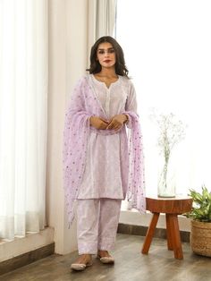 Anokhi - Lavender Mirror Embroidered Cotton Kurta Set (Set of 3) By Gulabo Jaipur now available at Trendroots Designer Cotton Chikankari Embroidery Palazzo Set, Cotton Semi-stitched Kurta With Gota Work, Cotton Palazzo Set With Gota Work, Cotton Palazzo Set With Gota Work For Eid, Cotton Salwar Kameez With Gota Work For Eid, Eid Cotton Salwar Kameez With Gota Work, Festive Cotton Palazzo Set With Chikankari Embroidery, Unstitched Lavender Sets For Eid, Bollywood Style Cotton Palazzo Set With Chikankari Embroidery