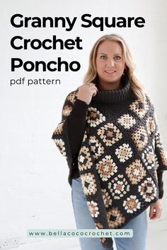 a woman wearing a granny square crochet poncho with text overlay