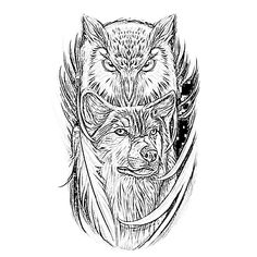 an ink drawing of two wolfs with long hair