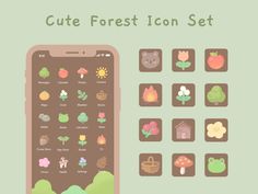 the cute forest icon set is displayed on an iphone