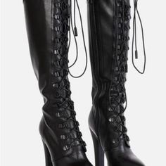 Step Out In Style With These Chic Black Lace-Up Knee-High Boots. Perfect For Any Occasion, These Boots Offer Both Comfort And Elegance. Over The Knee Boots, Over The Knee, Knee High Boots, High Boots, The Knee, Knee Boots, Black Lace, Knee High, In Style