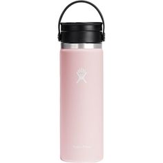 the hydro flask water bottle in pink is shown with a black lid and handle