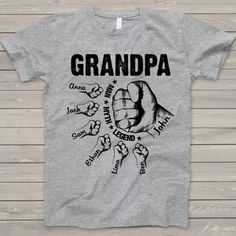 Hands grandkids Papa If you looking for a personalized t-shirt to show your love to your family, it's will be best choice. Our Classic T-Shirt serves as the perfect short-sleeved shirt for your unique, funny, or personalized designs. Features such as a lay flat collar and a classic unisex cut will make this your new favorite t-shirt. Brand: Gildan Heavy weight fabric Classic unisex makes this an easy fit Size up if you want something roomier Our shirts include: - Sport Grey And Antique Heathers: Man Myth Legend, Fist Bump, Gift For Grandpa, Grandpa Shirt, Custom Personalized Gifts, Grandpa Gifts, How To Make Tshirts, Personalized T Shirts, Boys T Shirts