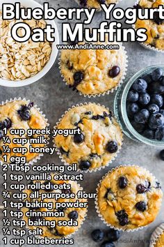 blueberry yogurt oat muffins recipe with instructions on the side