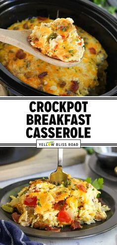 the crockpot breakfast casserole is being spooned out