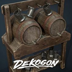 two wooden barrels sitting on top of a shelf next to some cups and glasses with the word dekogon above them