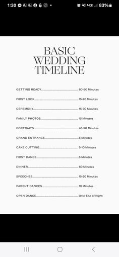 an iphone screen showing the wedding time line for each bride and groom to complete their day off