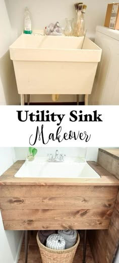 a bathroom sink with the words utility sink makeover above it and below it is a basket full of toiletries