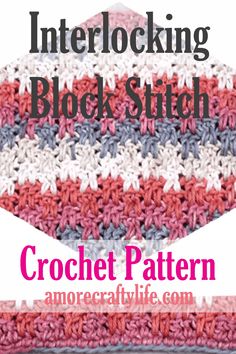 the crochet pattern for an interlocking block stitch is shown in red, white and blue