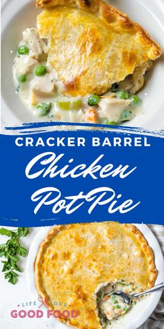 chicken pot pie on a plate with the title cracker barrel chicken pot pie over it