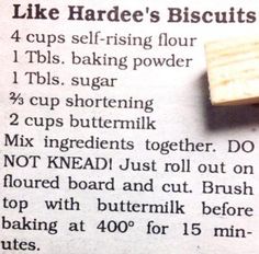 a piece of paper with instructions on how to bake cookies in it and the words like hardee's biscuits