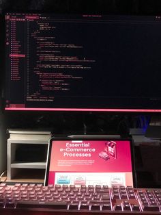 a computer monitor sitting on top of a desk next to a keyboard