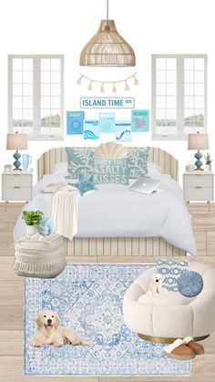 a bedroom with blue and white decor in it