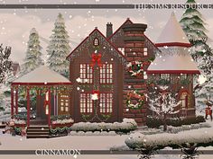 a christmas scene with a large house in the snow