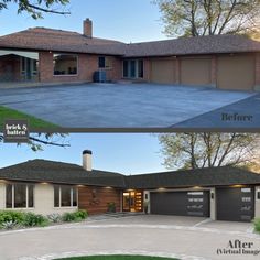 before and after photos of a house with garage