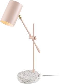 a white lamp with a pink shade on the base and a round light plugged into it