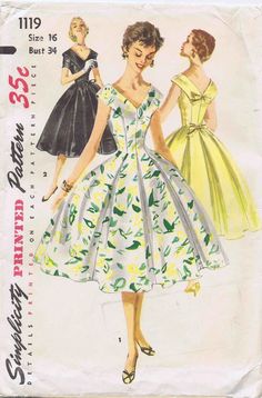 Simplicity 1119 1950s Portrait Collar V-neck | Etsy 1950s Portrait, Vital Spring, Party Dress Patterns, Cocktail Dress Patterns, Flared Skirt Dress, Princess Seam Dress, Mode Pop, 1950s Sewing Patterns, Patron Vintage