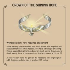 an image of the crown of the shining hope with text above it that reads, wondroous item, racquets attue attainment