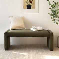 a green bench with two books on it next to a potted plant and framed artwork