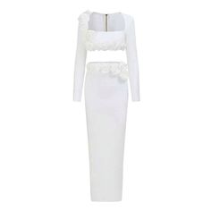 Experience the ultimate in fashion and style with our 3D Flowers Decor Two-Piece Bandage Set! Featuring a square collar and a long-sleeved crop top with a back zipper, this set adds a touch of sophistication to any look. Complete the chic ensemble with the long maxi bodycon skirt in classic white. Elevate your wardrobe today! Fabric: Medium Stretch Material: Polyester Fiber Spring Evening Cropped Sets, Elegant Long Sleeve Fitted Crop Top, Fitted Crop Top Set For Night Out, Elegant Two-piece Crop Top For Spring, Fitted Two-piece Crop Top Set, Fitted Two-piece Crop Top, Fitted Two-piece Cropped Set, Chic Fitted Two-piece Crop Top, Fitted Cropped Set For Spring