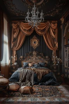 an ornate bed in a dark bedroom with gold curtains and chandelier above it