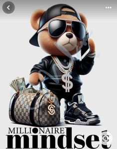 a teddy bear wearing sunglasses and holding a cell phone in one hand while sitting next to a suitcase with money on the other