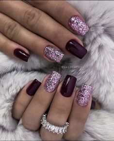 Cute Acrylic Nail Designs For Winter, Funky Elegant Nails, Plum Purple Nails Designs, Black Purple Orange Nails, Black And Pink Christmas Nails, Winter Glitter Nails Acrylic, February Gel Nail Colors, Eggplant Nails Designs, Matte Fall Nail Designs