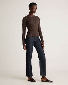 Line up the denim and skirts, because this soft wide rib knit with a slightly cropped, hip length will bring a dose of comfy-luxe to it all. Our cotton cashmere is elevated, lightweight, and breathable, making it the perfect pick for outfits year-round.  | Quince | Women's Cotton Cashmere Ribbed Long Sleeve Sweater in Mocha Heather, Size Small Ribbed Bottoms For Fall, Fall Ribbed Brown Bottoms, Ribbed Cashmere Crew Neck Top, Solid Cashmere Tops With Ribbed Cuffs, Long Sleeve Ribbed Cashmere Top, Cotton V-neck Sweater With Ribbed Cuffs, Cashmere Textured Knit Long Sleeve Top, Womens Cashmere, Sleeve Sweater