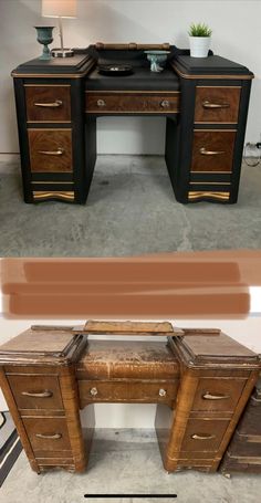 an old wooden desk with two drawers and a leather seat on the bottom one side